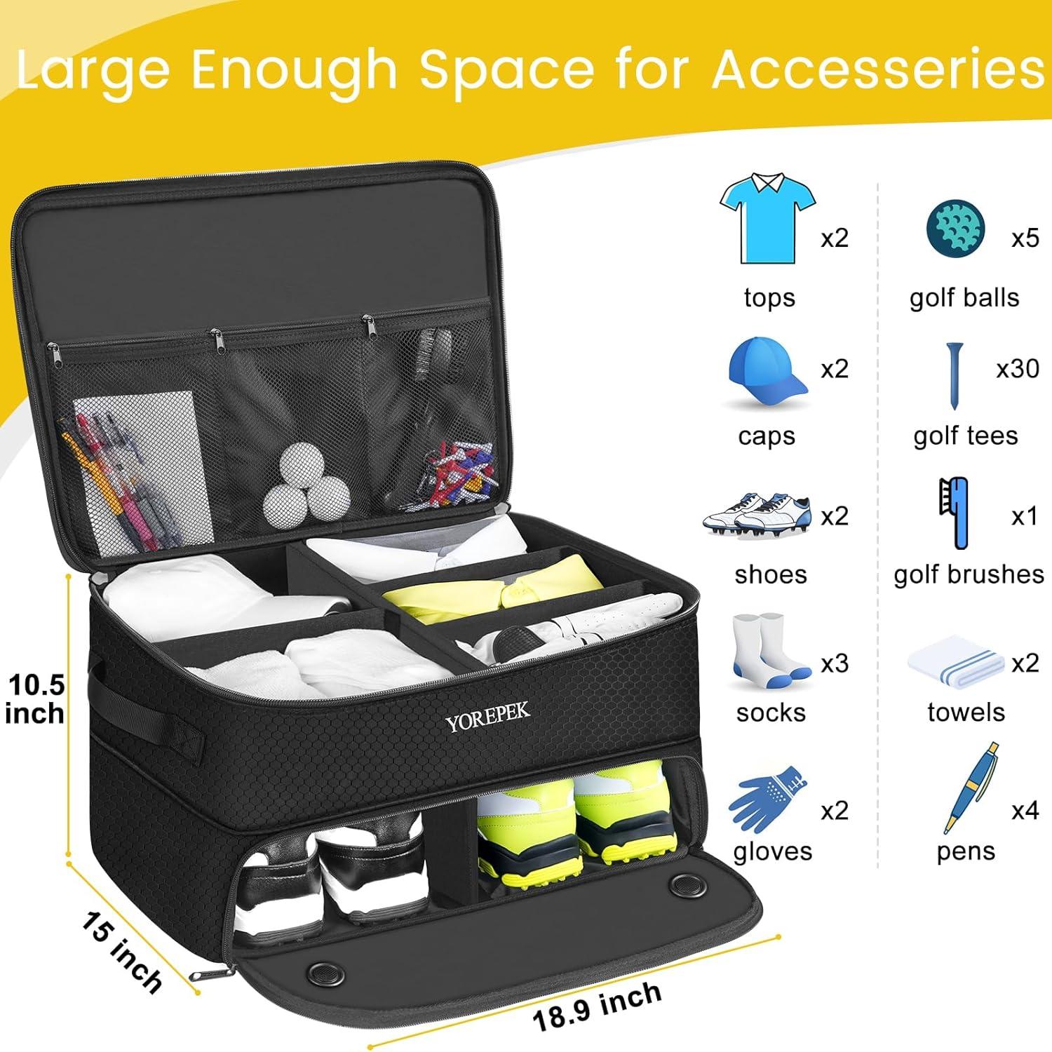 imageYOREPEK 2 Layer Golf Trunk Organizer Golf Gifts for Men with Separate Ventilated Compartment for 2 Pair Shoes Waterproof Car Trunk Locker for Balls Tees Clothes Gloves Gifts for GolfersLargeBlack