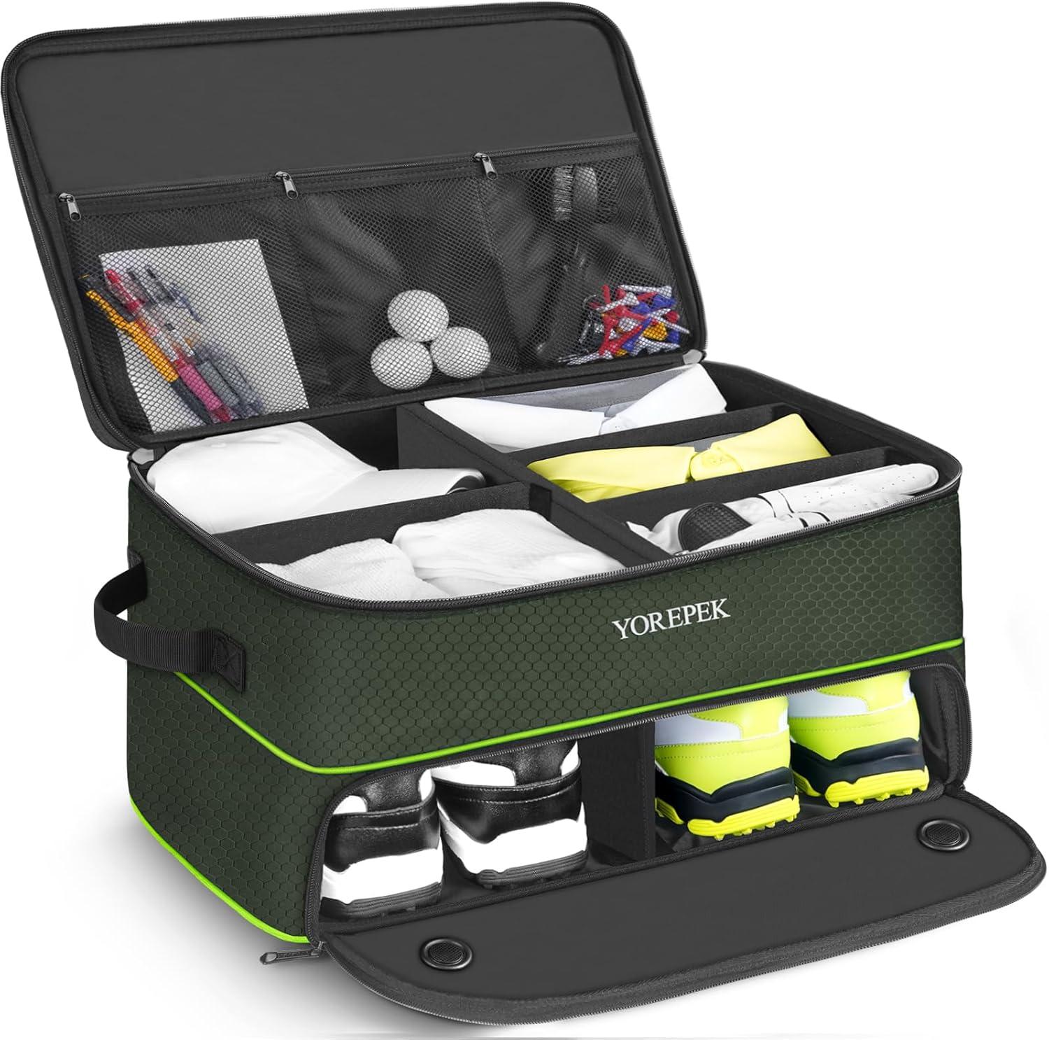 imageYOREPEK 2 Layer Golf Trunk Organizer Golf Gifts for Men with Separate Ventilated Compartment for 2 Pair Shoes Waterproof Car Trunk Locker for Balls Tees Clothes Gloves Gifts for GolfersLargeGreen