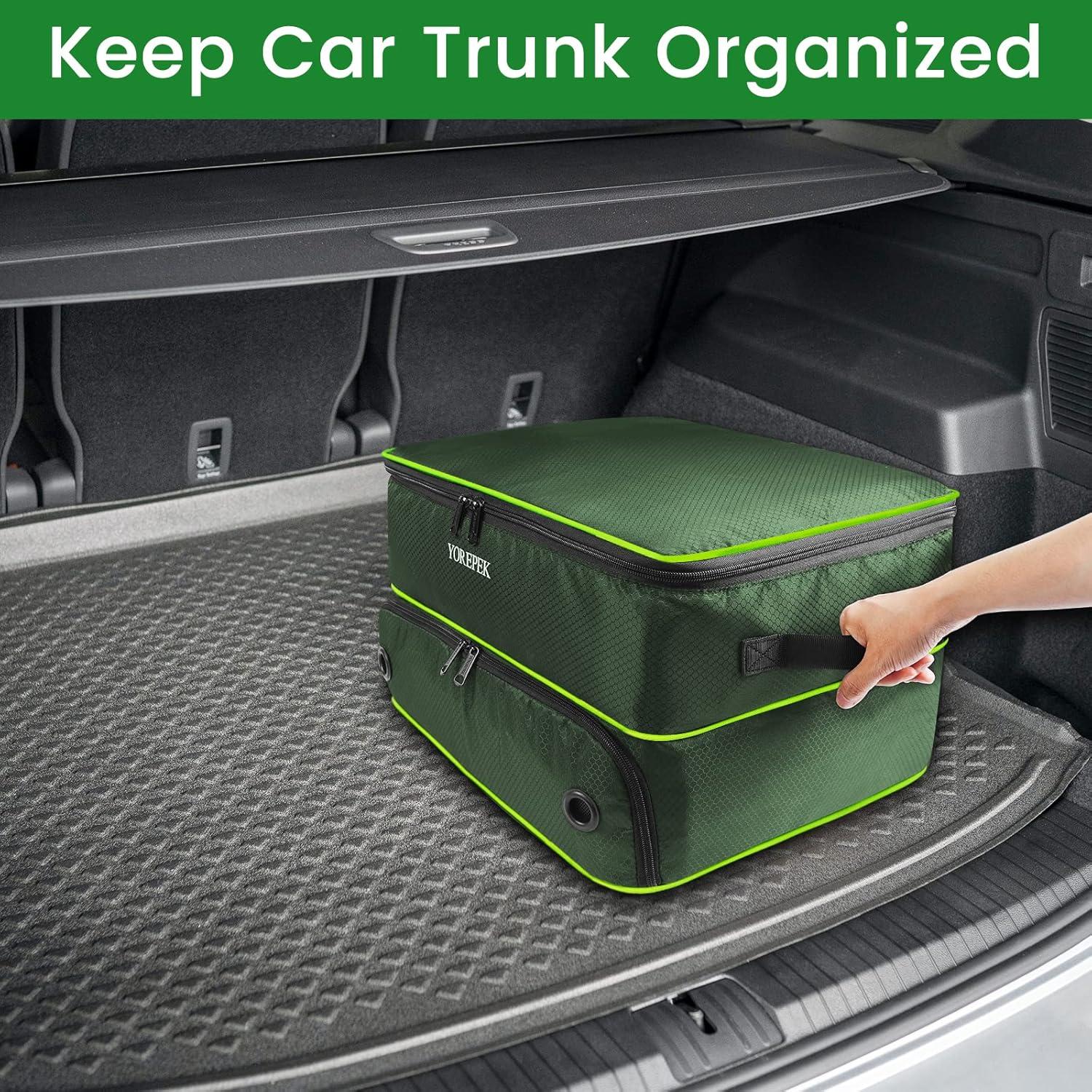 imageYOREPEK 2 Layer Golf Trunk Organizer Golf Gifts for Men with Separate Ventilated Compartment for 2 Pair Shoes Waterproof Car Trunk Locker for Balls Tees Clothes Gloves Gifts for GolfersStandardGreen