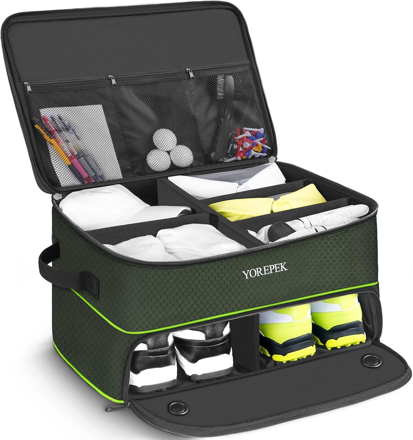 imageYOREPEK 2 Layer Golf Trunk Organizer Golf Gifts for Men with Separate Ventilated Compartment for 2 Pair Shoes Waterproof Car Trunk Locker for Balls Tees Clothes Gloves Gifts for GolfersStandardGreen