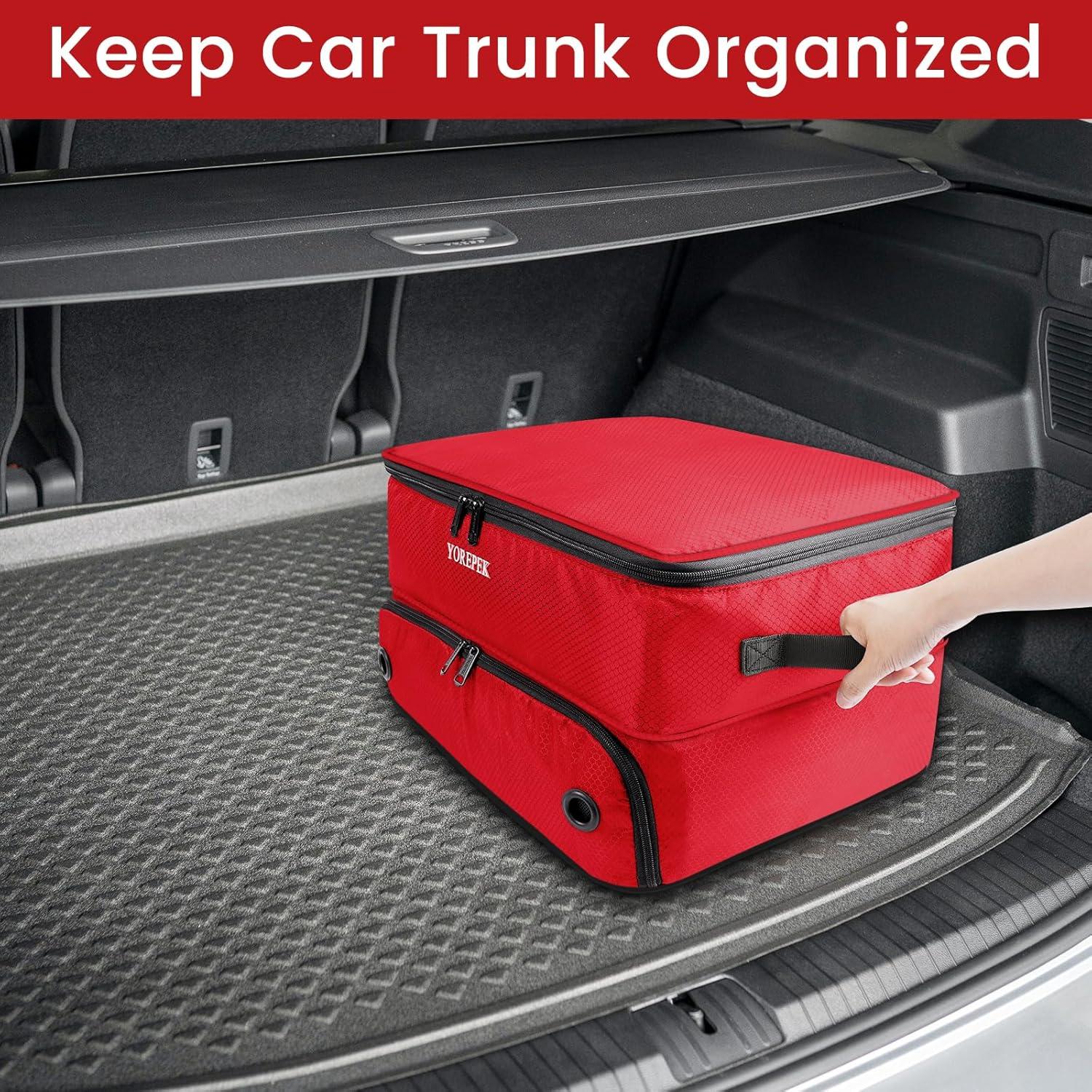 imageYOREPEK 2 Layer Golf Trunk Organizer Golf Gifts for Men with Separate Ventilated Compartment for 2 Pair Shoes Waterproof Car Trunk Locker for Balls Tees Clothes Gloves Gifts for GolfersStandardRed