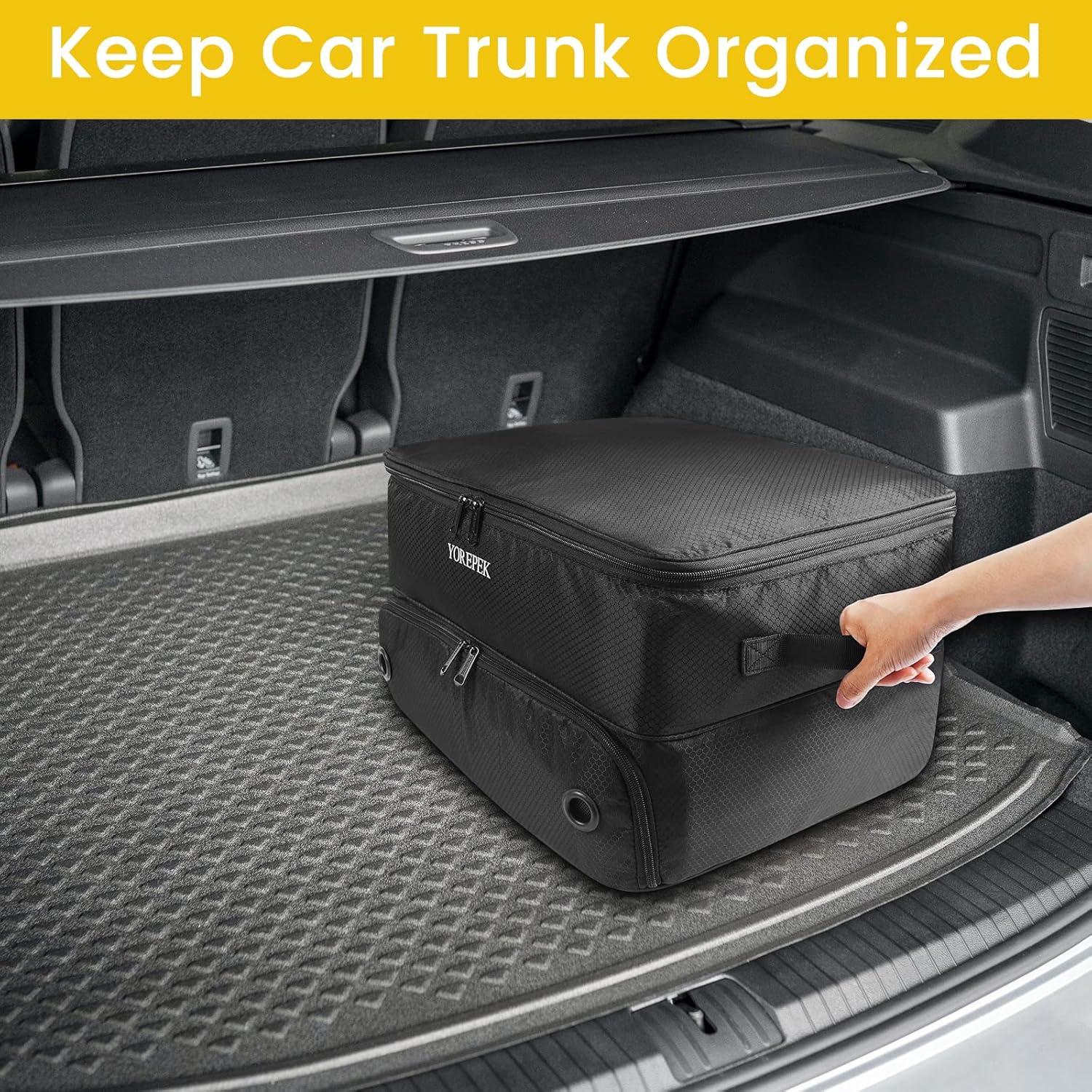 imageYOREPEK 2 Layer Golf Trunk Organizer Golf Gifts for Men with Separate Ventilated Compartment for 2 Pair Shoes Waterproof Car Trunk Locker for Balls Tees Clothes Gloves Gifts for GolfersLargeBlack