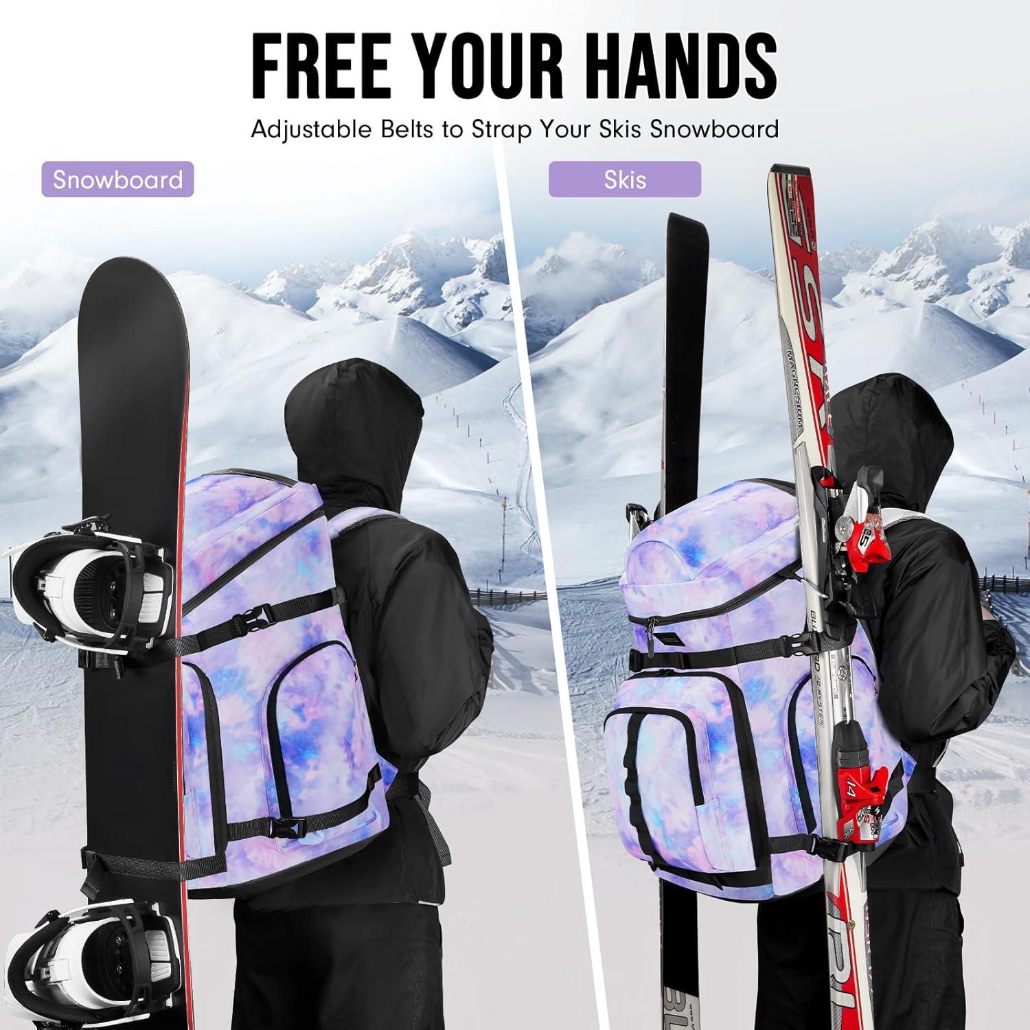 imageYOREPEK 65L Ski Boot Bag Backpack with 8 Pockets Waterproof Ski Snowboard Boot Bags for Air Travel Ski Gear Bag Backpacks for Boots Helmet Goggle Gloves Pants Jacket Accessories for AdultsDyeing Purple