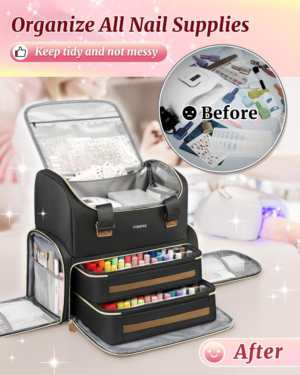 imageYOREPEK Extra Large Nail Polish Organizer Case Backpack Holds 96 to 100 Bottles15ml05 floz UV Nail LampNail Organizers and Storage with 2 Removable Pouches Fits Nail StuffGift for ManicuristBlack
