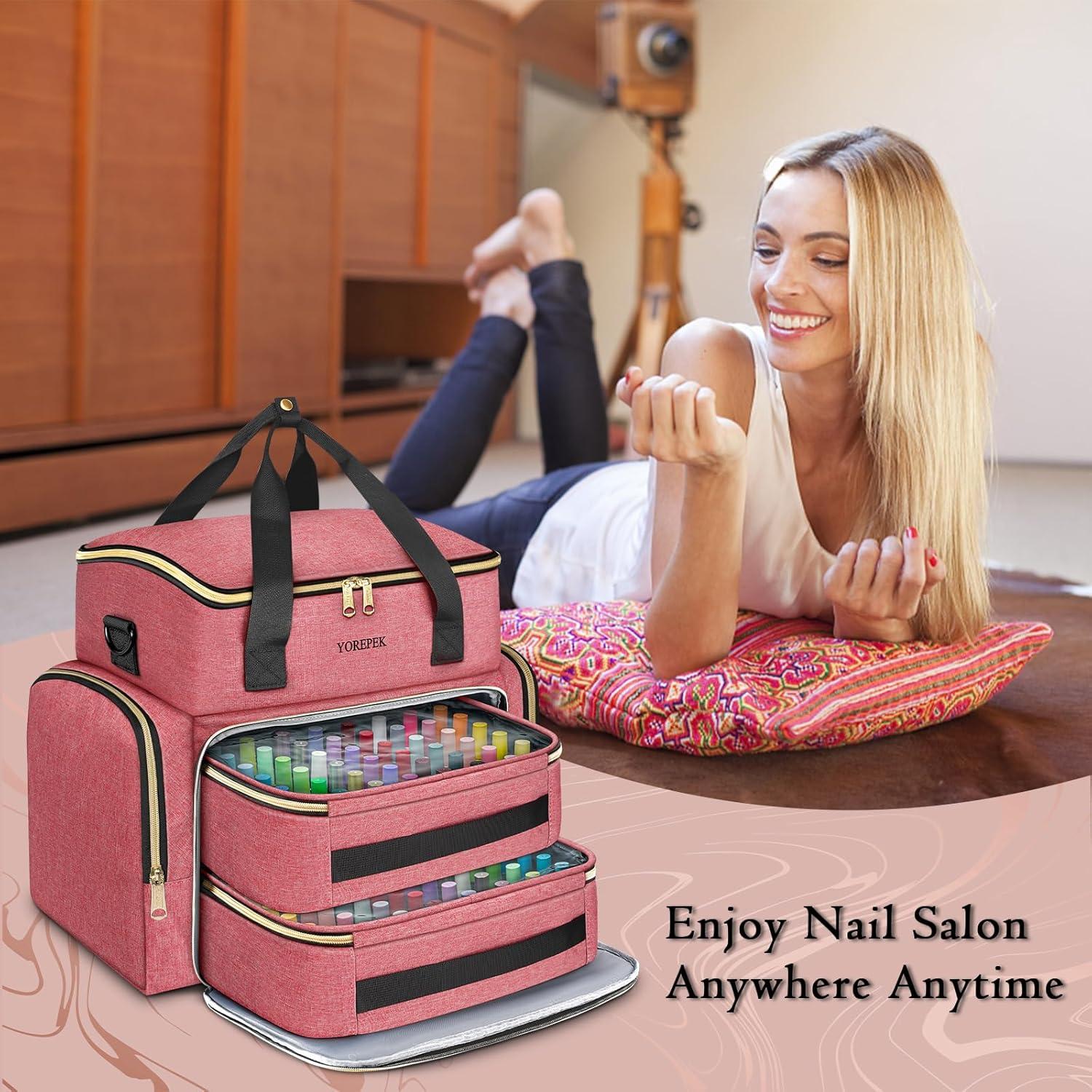 imageYOREPEK Extra Large Nail Polish Organizer Case Holds 96 to 100 Bottles 15ml05 floz UV lamp Gel Polish Travel Case Bag with 2 Removable Pouches Fits Nail Suppiles Manicurist Nail Tech GiftsPink96bottles