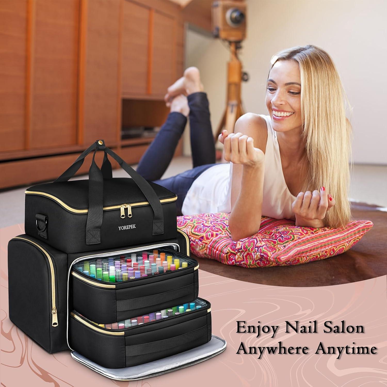 imageYOREPEK Extra Large Nail Polish Organizer Case Holds 96 to 100 Bottles 15ml05 floz UV lamp Gel Polish Travel Case Bag with 2 Removable Pouches Fits Nail Suppiles Manicurist Nail Tech GiftsBlack96bottles