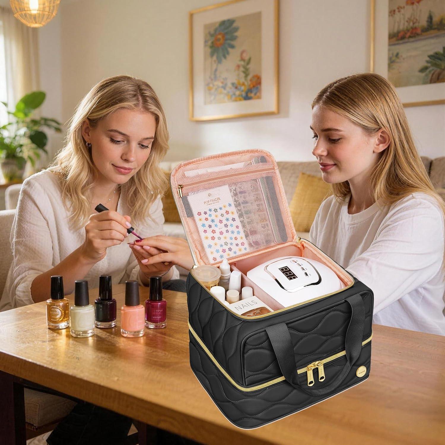 imageYOREPEK Nail Polish Organizer Case Holds 42 Bottles 15ml05 floz 2Layer Nail Kit Bag with Compartments for Nail Supplies UV Lamp Nail Tech Organizers and Storage for Manicure Tools BeigeBlack