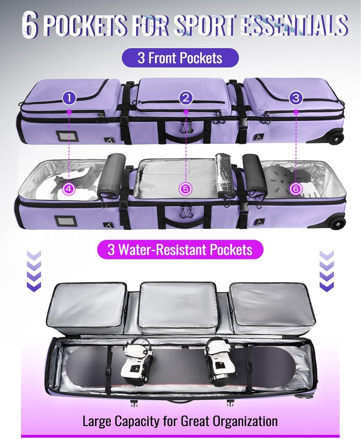 imageYOREPEK Padded Snowboard Bag with Wheels Extendable Ski Bags for Air Travel Length up to 175cmSnowboard Backpack with 6 Pockets for Ski Bootsup to US Size 13 Helmet AccessoriesPurple