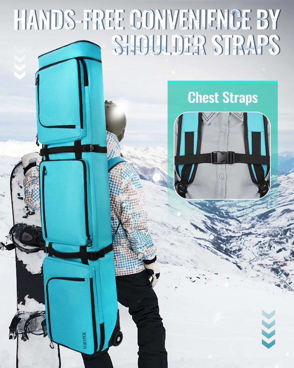 imageYOREPEK Padded Snowboard Bag with Wheels Extendable Ski Bags for Air Travel Length up to 175cmSnowboard Backpack with 6 Pockets for Ski Bootsup to US Size 13 Helmet AccessoriesBlue