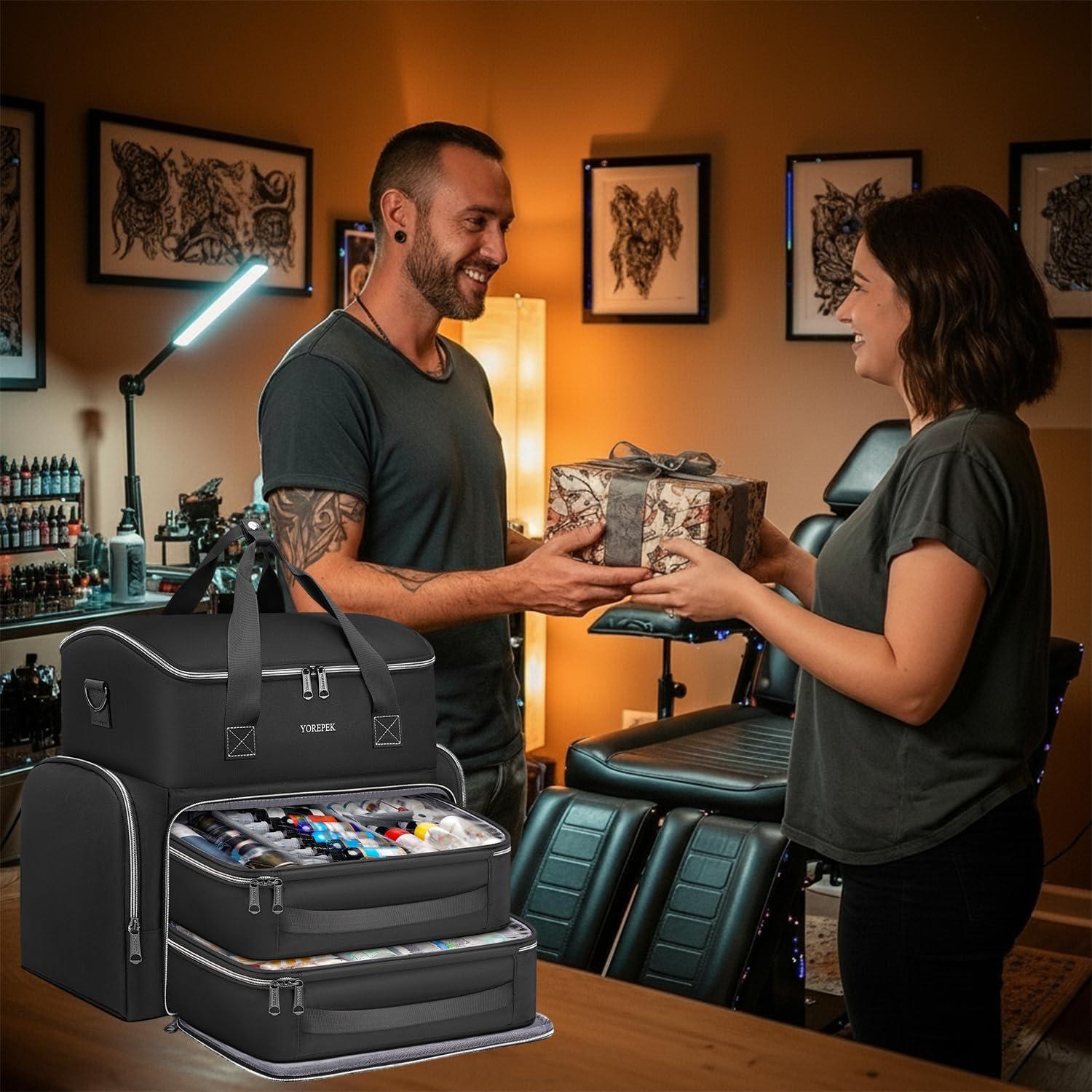 imageYOREPEK Tattoo Travel Case Waterproof Tattoo Bag with 2 Removable Organizer Pouches Adjustable Dividers Tattoo Carrying Case for Equipment Supplies Stencil Printer Artist Gifts