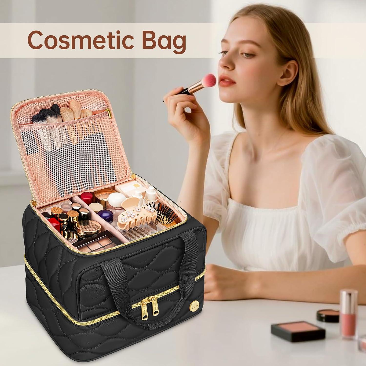 imageYOREPEK Travel Makeup Organizer Bag 2Layer Cosmetic Bags for Women Portable Makeup Box Cases for Daily Use Skincare Brushes Powders Palettes Makeup Tools cosmetiquera para maquillajeBlackBlack