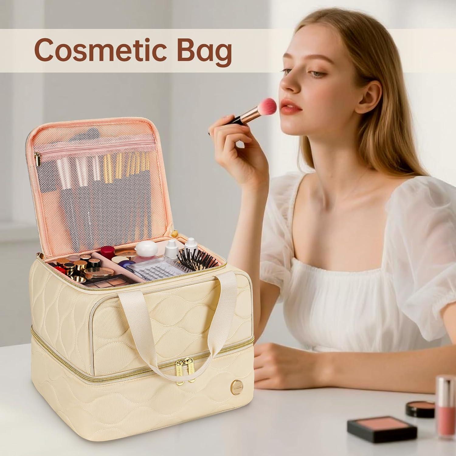 imageYOREPEK Travel Makeup Organizer Bag 2Layer Cosmetic Bags for Women Portable Makeup Box Cases for Daily Use Skincare Brushes Powders Palettes Makeup Tools cosmetiquera para maquillajeBlackBeige
