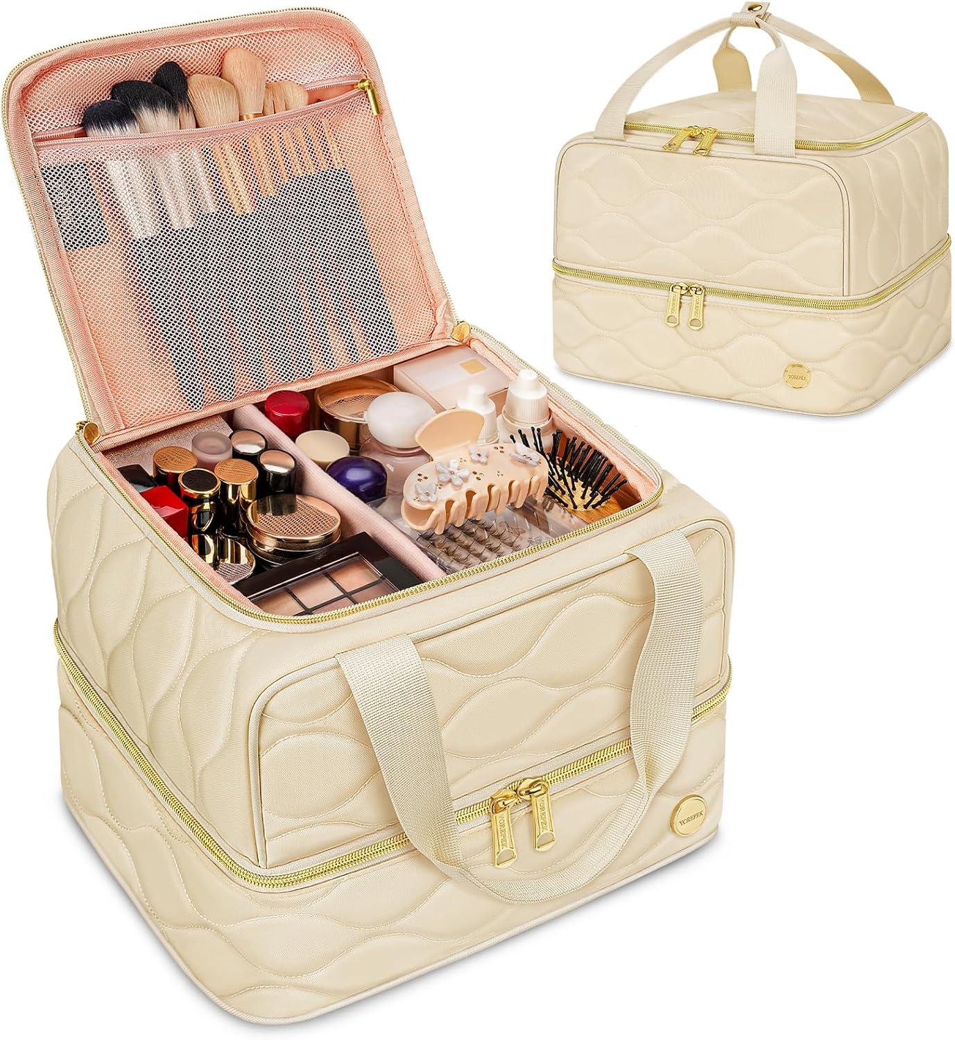 imageYOREPEK Travel Makeup Organizer Bag 2Layer Cosmetic Bags for Women Portable Makeup Box Cases for Daily Use Skincare Brushes Powders Palettes Makeup Tools cosmetiquera para maquillajeBlackBeige