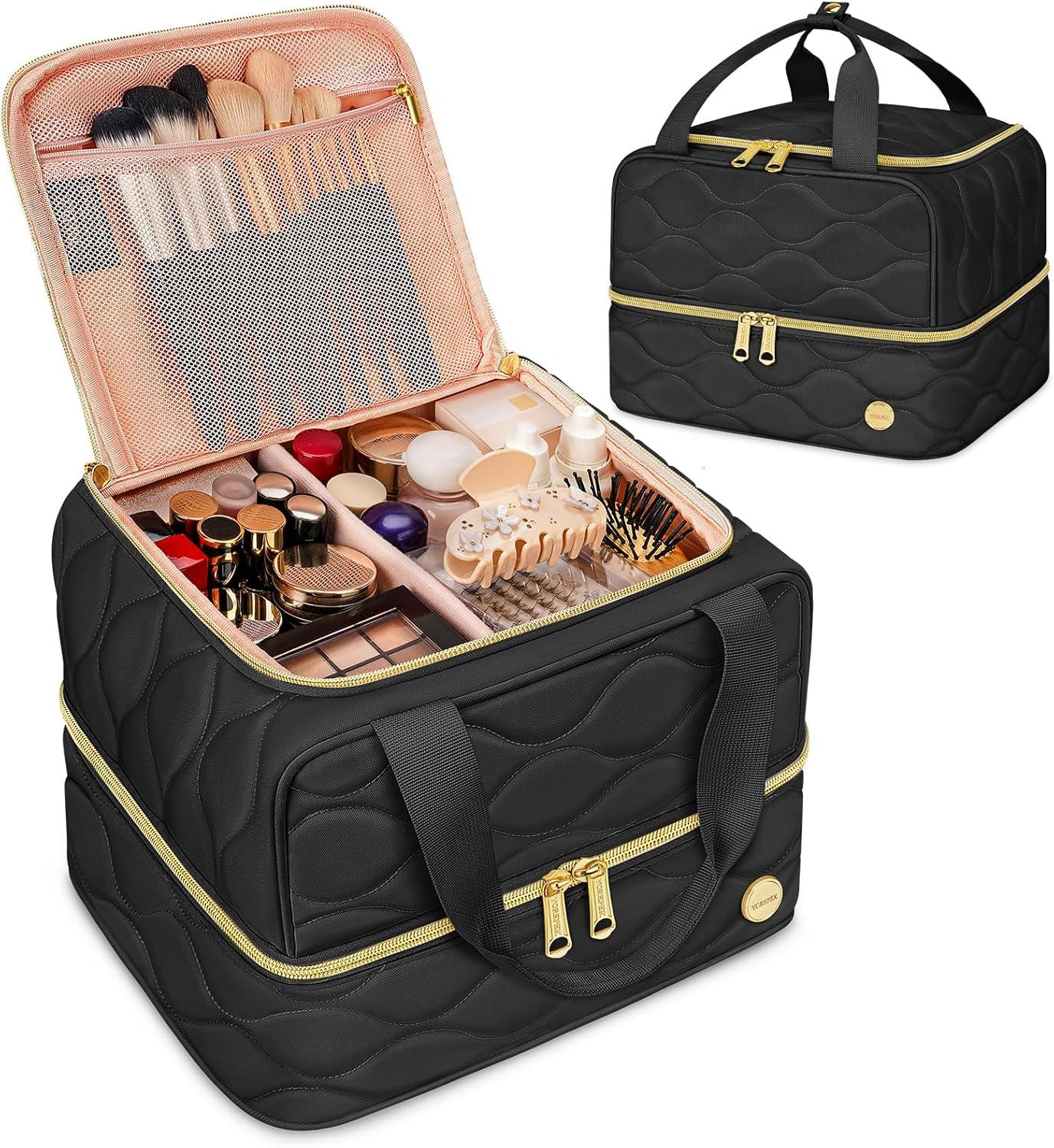 imageYOREPEK Travel Makeup Organizer Bag 2Layer Cosmetic Bags for Women Portable Makeup Box Cases for Daily Use Skincare Brushes Powders Palettes Makeup Tools cosmetiquera para maquillajeBlackBlack
