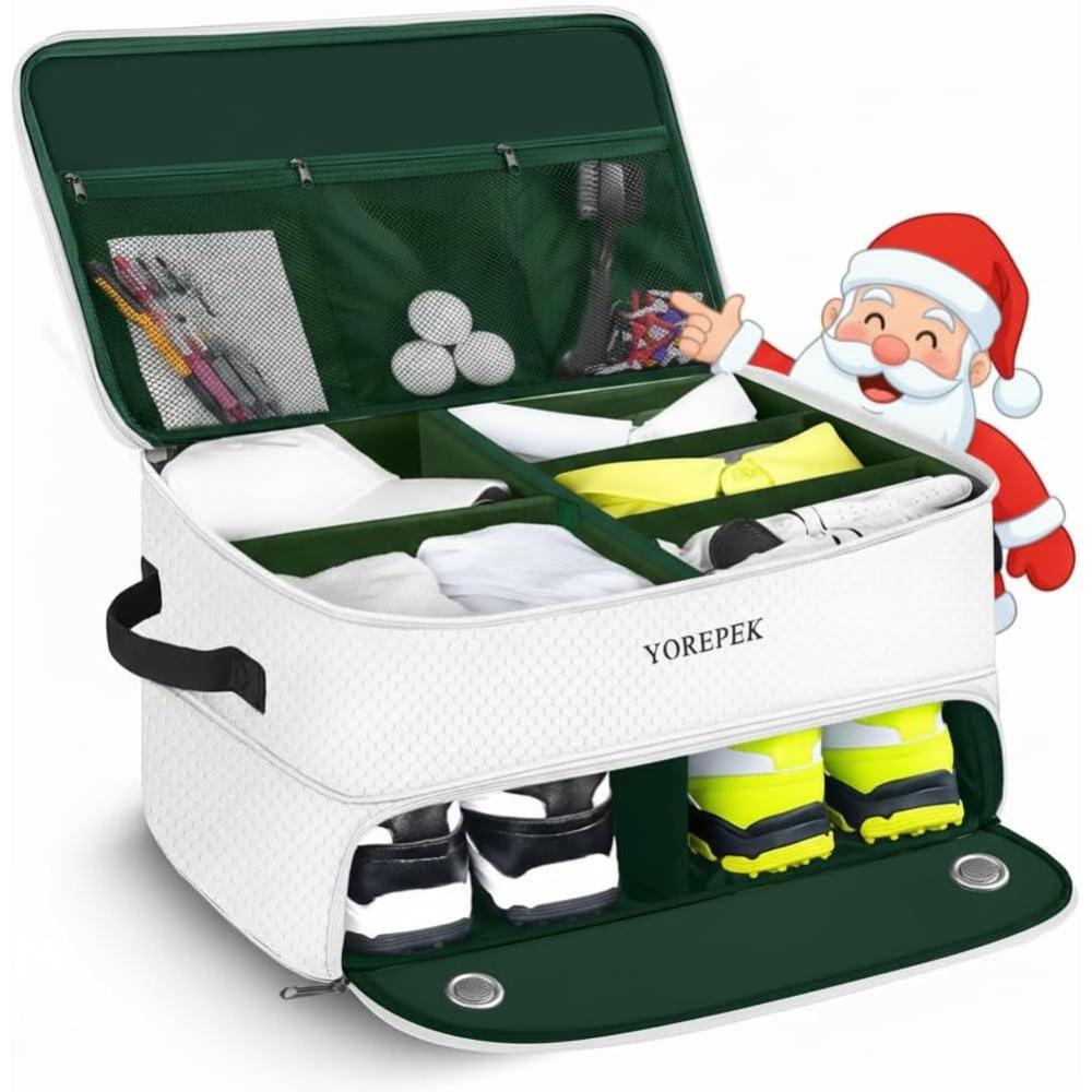 imageYOREPEK 2 Layer Golf Trunk Organizer Golf Gifts for Men with Separate Ventilated Compartment for 2 Pair Shoes Waterproof Car Trunk Locker for Balls Tees Clothes Gloves Gifts for GolfersStandardWhite