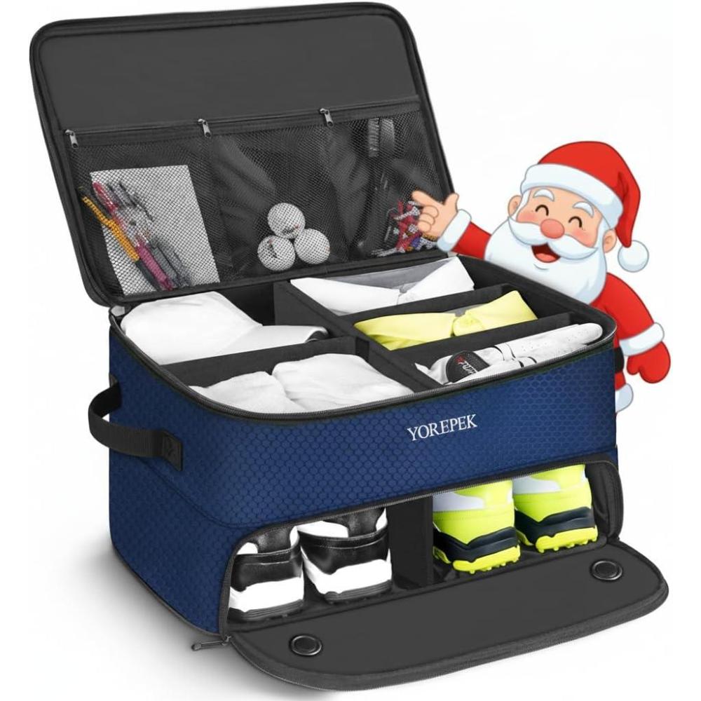 imageYOREPEK 2 Layer Golf Trunk Organizer Golf Gifts for Men with Separate Ventilated Compartment for 2 Pair Shoes Waterproof Car Trunk Locker for Balls Tees Clothes Gloves Gifts for GolfersStandardBlue