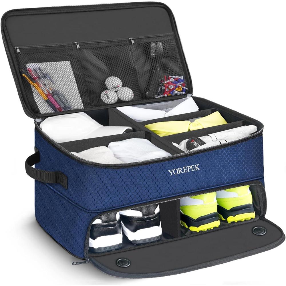 imageYOREPEK 2 Layer Golf Trunk Organizer Golf Gifts for Men with Separate Ventilated Compartment for 2 Pair Shoes Waterproof Car Trunk Locker for Balls Tees Clothes Gloves Gifts for GolfersLargeBlue