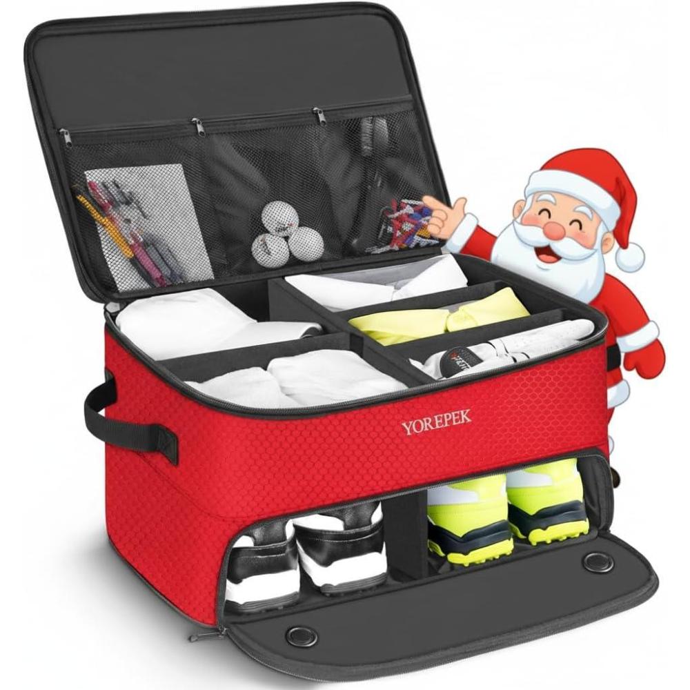 imageYOREPEK 2 Layer Golf Trunk Organizer Golf Gifts for Men with Separate Ventilated Compartment for 2 Pair Shoes Waterproof Car Trunk Locker for Balls Tees Clothes Gloves Gifts for GolfersStandardRed