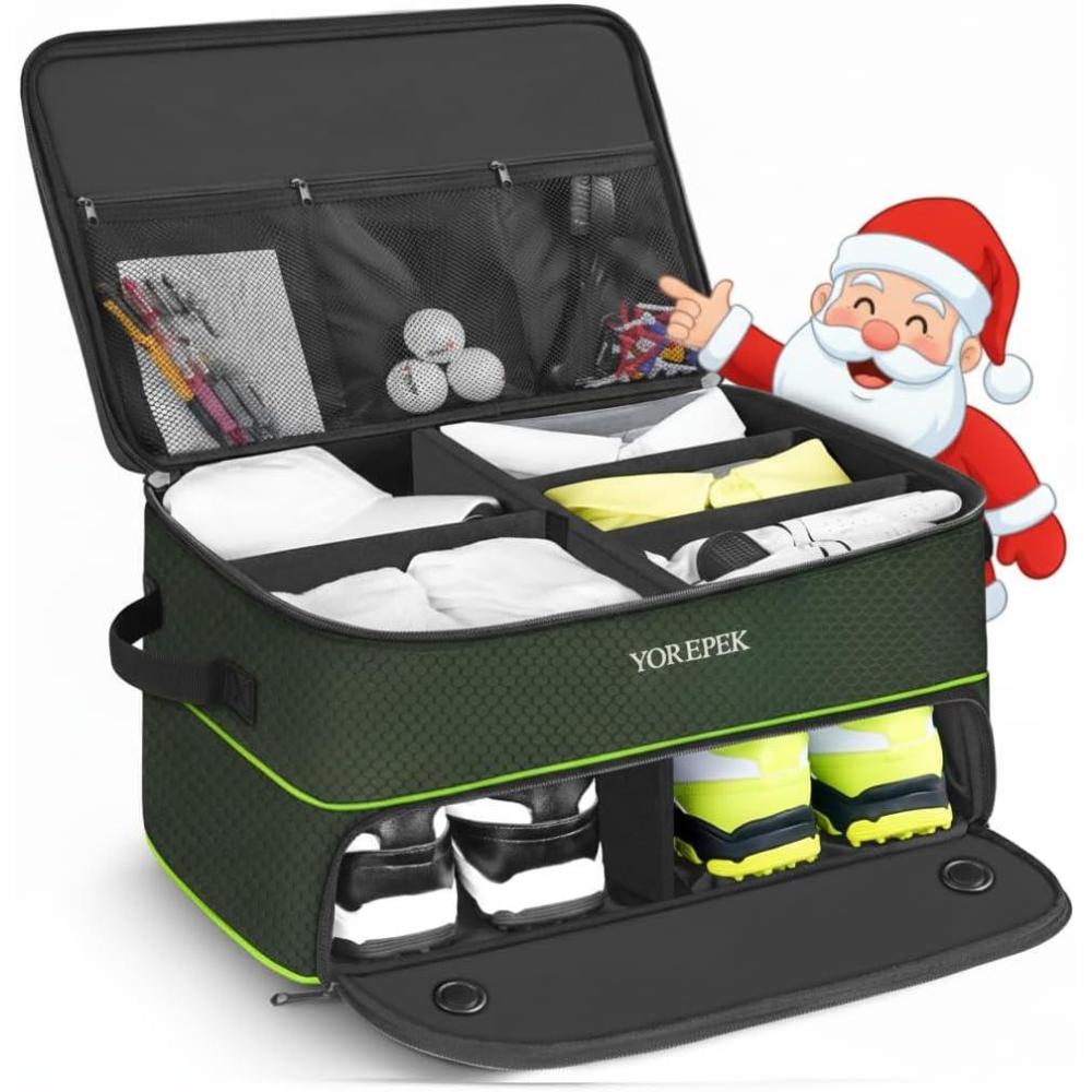 imageYOREPEK 2 Layer Golf Trunk Organizer Golf Gifts for Men with Separate Ventilated Compartment for 2 Pair Shoes Waterproof Car Trunk Locker for Balls Tees Clothes Gloves Gifts for GolfersStandardGreen