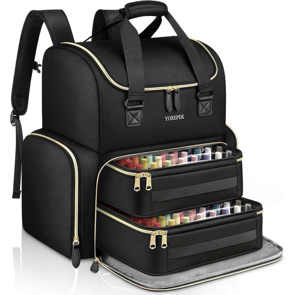 imageYOREPEK Extra Large Nail Polish Organizer Case Backpack Holds 96 to 100 Bottles15ml05 floz UV Nail LampNail Organizers and Storage with 2 Removable Pouches Fits Nail StuffGift for ManicuristDark Black