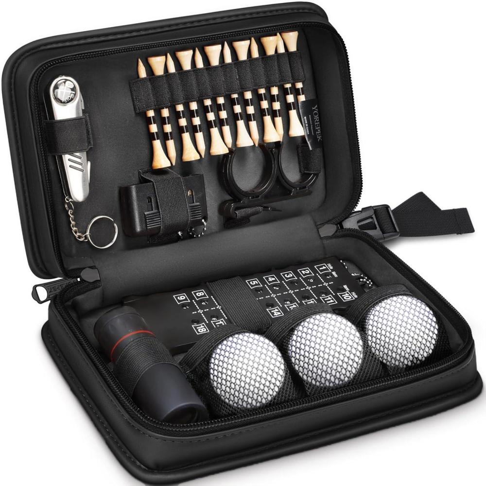 imageYOREPEK Golf Accessories Kit for Men Golf Stuff Set with Leather Case Golf Balls Golf Tees Multifunctional Divot Knife Monocular Scorer Golf Gifts for Men Women GolfersBlack