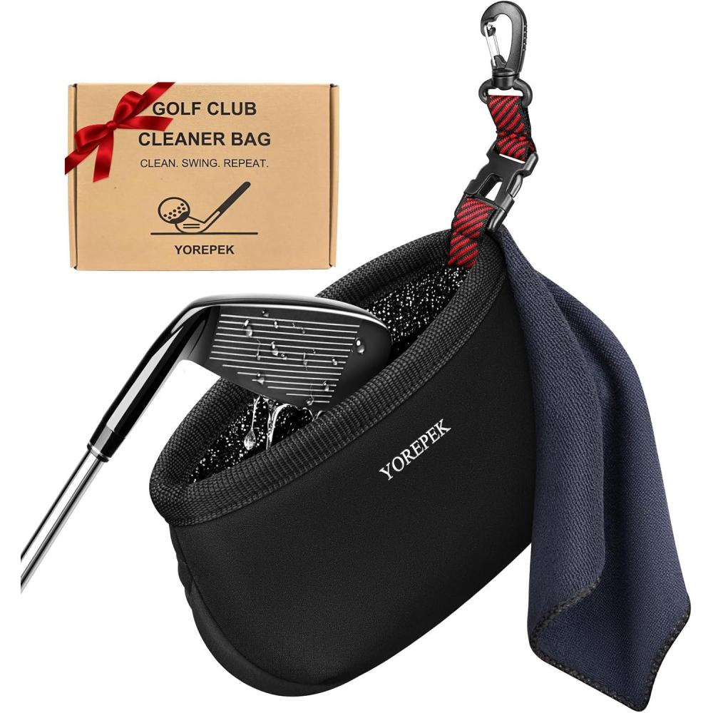 imageYOREPEK Golf Club Cleaner Bag with Towel 360 Rotating Clip Golf Ball Washer Club Washer with Zipper Pocket Golf Bag Accessories for Men Golf Gifts BlackBlack with Red Webbing