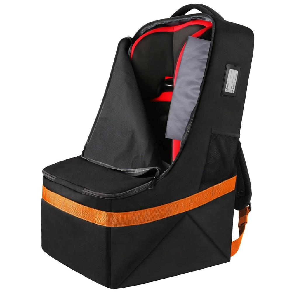 imageYOREPEK Padded Car Seat Travel Bag Backpack for Airplane Heavy Duty Car Seat Bags for Air Travel Carseat Cover for Airplane Travel with Shoulder Strap Car Seats Carrier for Airport BlackOrange