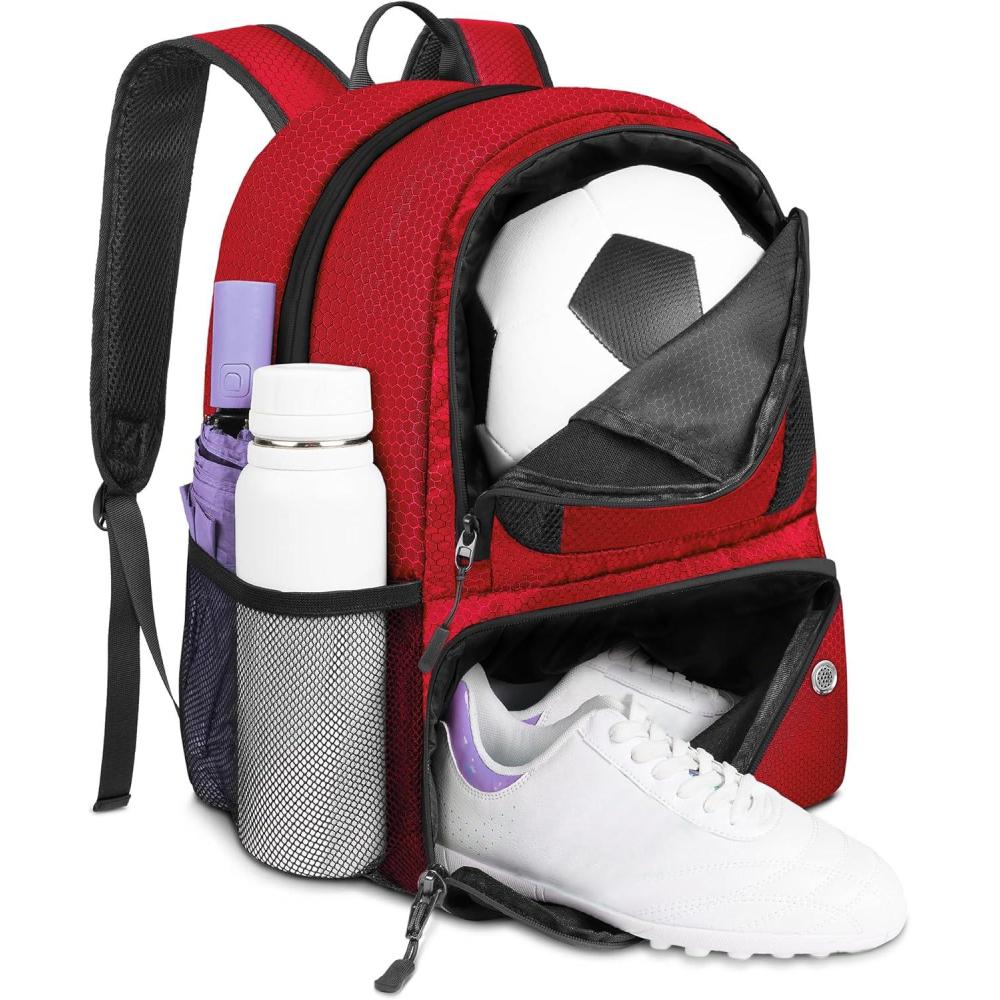 imageYOREPEK Soccer BackpackSoccer Bag with Ball Holder Water resistant Sport Equipment Bags Fit Basketball Volleyball FootballRed