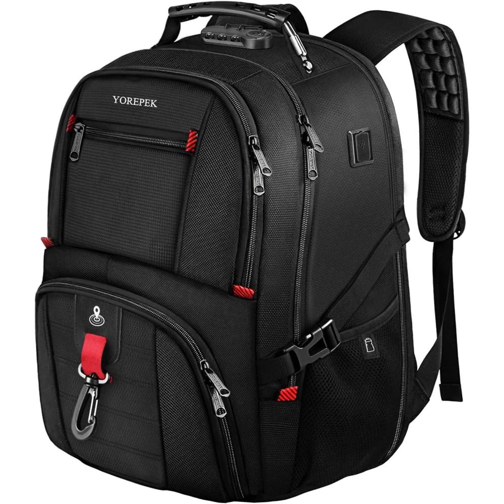 imageYOREPEK Travel Backpack for Men Anti Theft Slot Fit for Air Tag RFID Blocking Airline Approved with USB Charging Port Insulated Pocket Water Resistant Backpack for Men Fit 17 inch Laptop BlackBlack