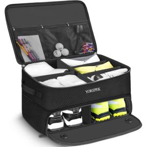 YOREPEK 2 Layer Golf Trunk Organizer, Golf Gifts for Men with Separate Ventilated Compartment for 2 Pair Shoes, Waterproof Car Trunk Locker for Balls, Tees, Clothes, Gloves, Gifts for Golfers(Standard-Black)