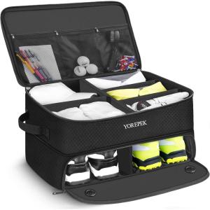 YOREPEK 2 Layer Golf Trunk Organizer, Golf Gifts for Men with Separate Ventilated Compartment for 2 Pair Shoes, Waterproof Car Trunk Locker for Balls, Tees, Clothes, Gloves, Gifts for Golfers(Large-Black)