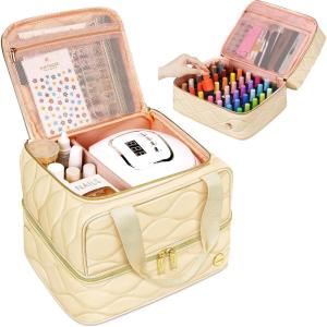 YOREPEK Nail Polish Organizer Case Holds 42+ Bottles (15ml/0.5 fl.oz), 2-Layer Nail Kit Bag with Compartments for Nail Supplies, UV Lamp, Nail Tech Organizers and Storage for Manicure Tools, Beige(Beige)