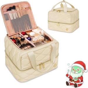 YOREPEK Travel Makeup Organizer Bag, 2-Layer Cosmetic Bags for Women, Portable Makeup Box Cases for Daily Use, Skincare, Brushes, Powders, Palettes, Makeup Tools– cosmetiquera para maquillaje，Black(Beige)