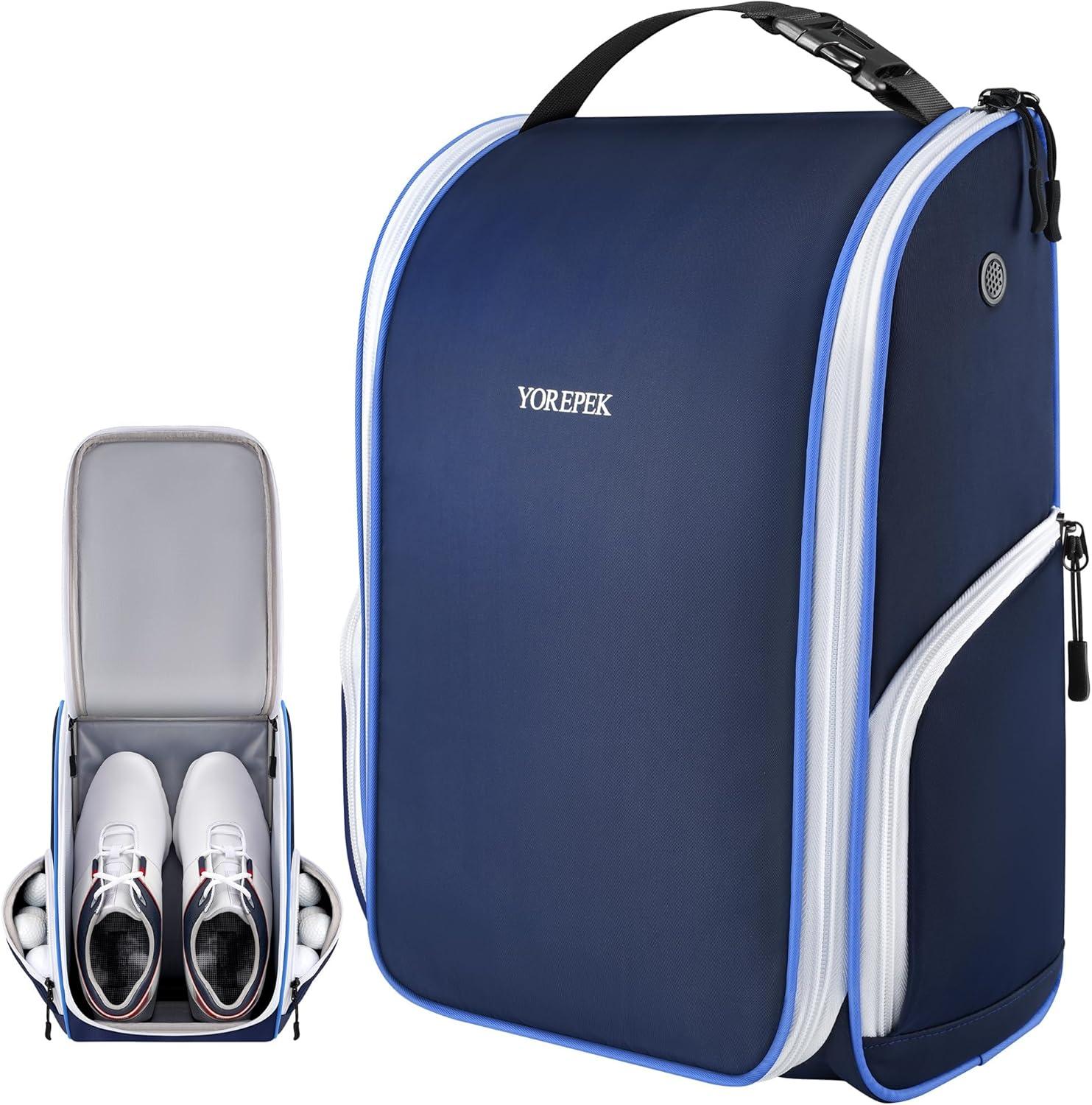 imageYOREPEK Golf Shoe Bag with 3 Pockets for Socks Gloves Tees Balls Brush Designed with a Buckle Top Carry Handle Zippered Sport Shoe Carrier Bags with Ventilation Golf Gifts for Men UniqueBlueblue