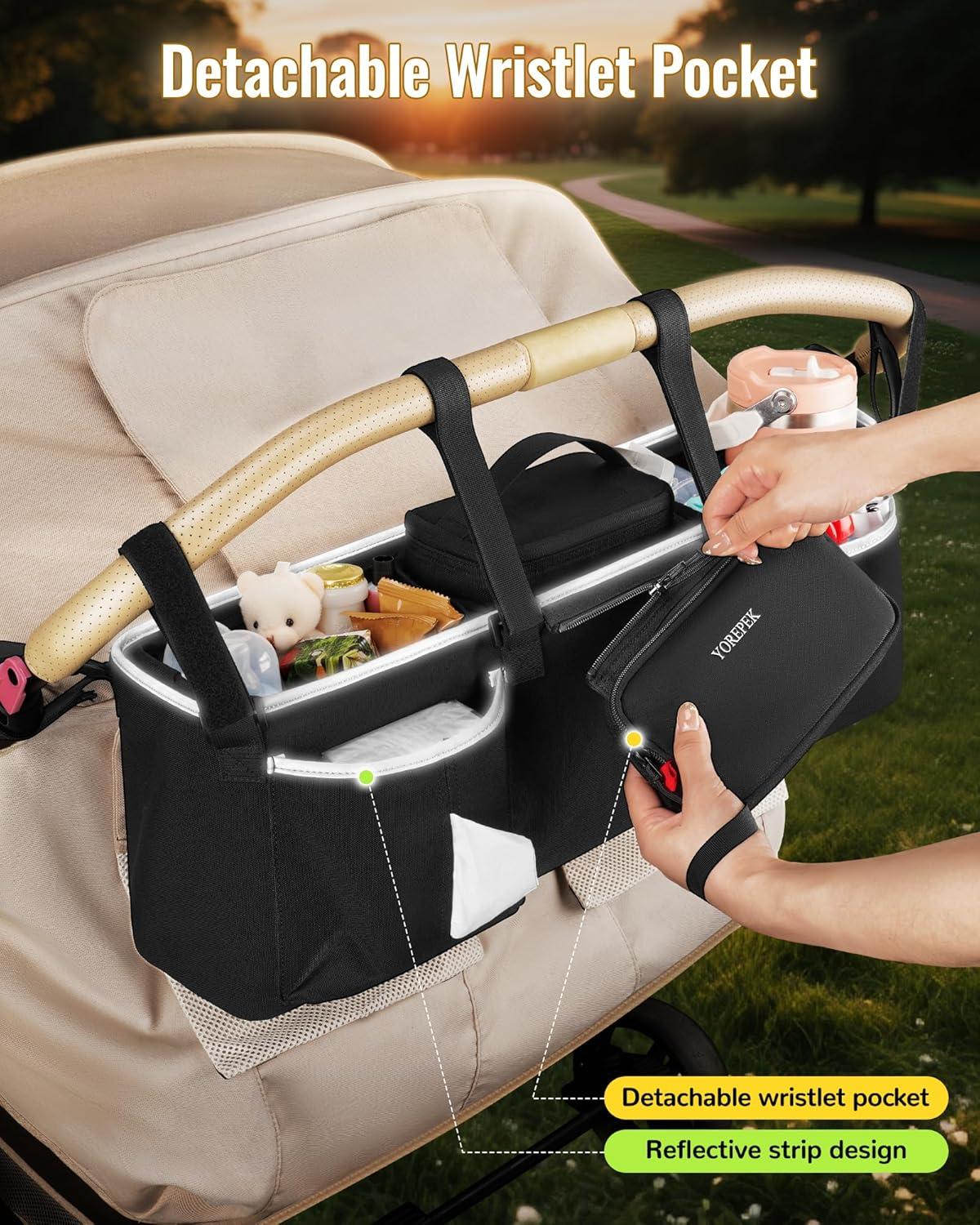 imageYOREPEK Heavy Duty Double Stroller Organizer for Bob Duallie Baby Jogger City Mini GT2 and JeepStroller Caddy with Detachable Cooler Bag and HandbagStroller Storage Attachment for Baby AccessoriesBlack
