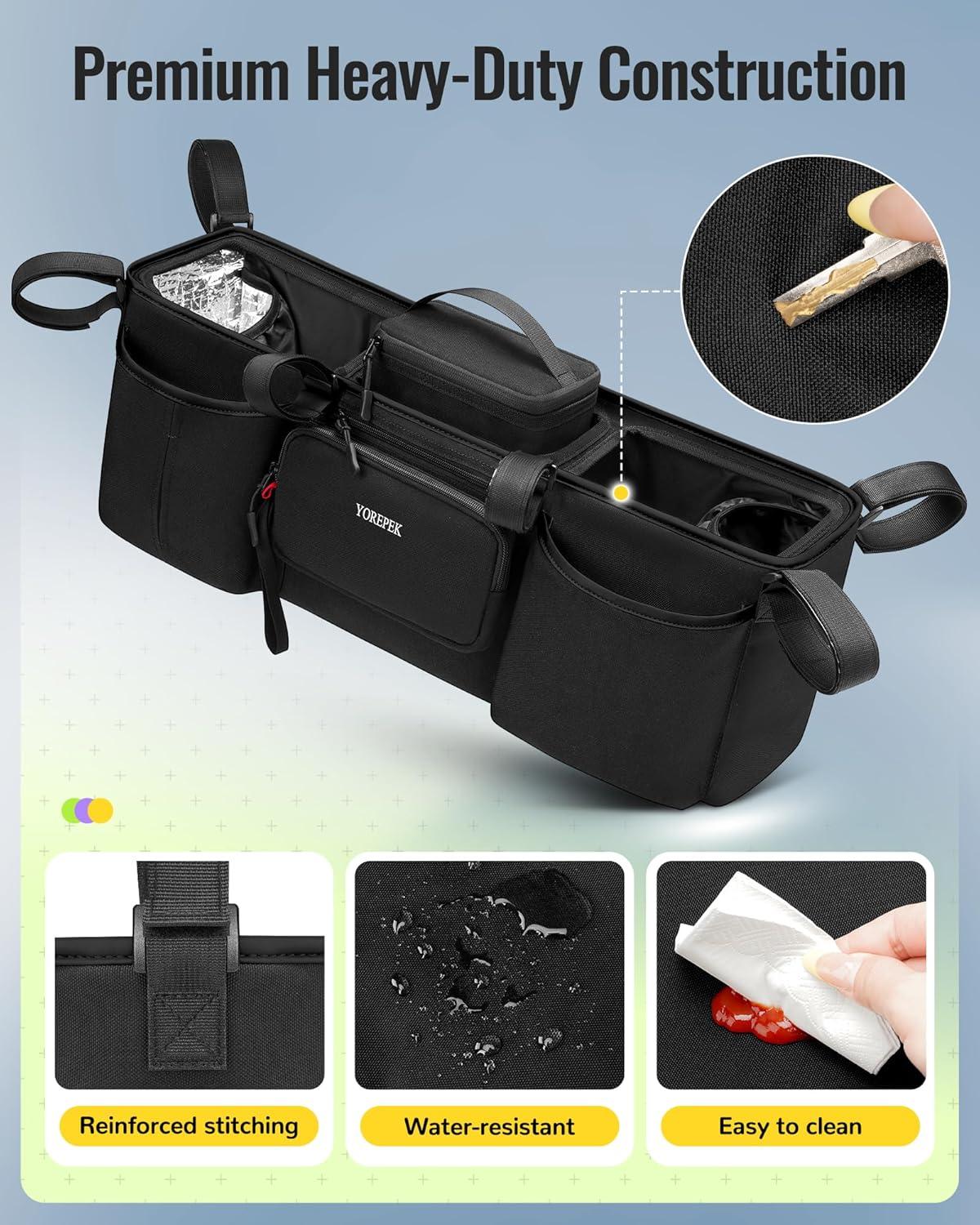 imageYOREPEK Heavy Duty Double Stroller Organizer for Bob Duallie Baby Jogger City Mini GT2 and JeepStroller Caddy with Detachable Cooler Bag and HandbagStroller Storage Attachment for Baby AccessoriesBlack All