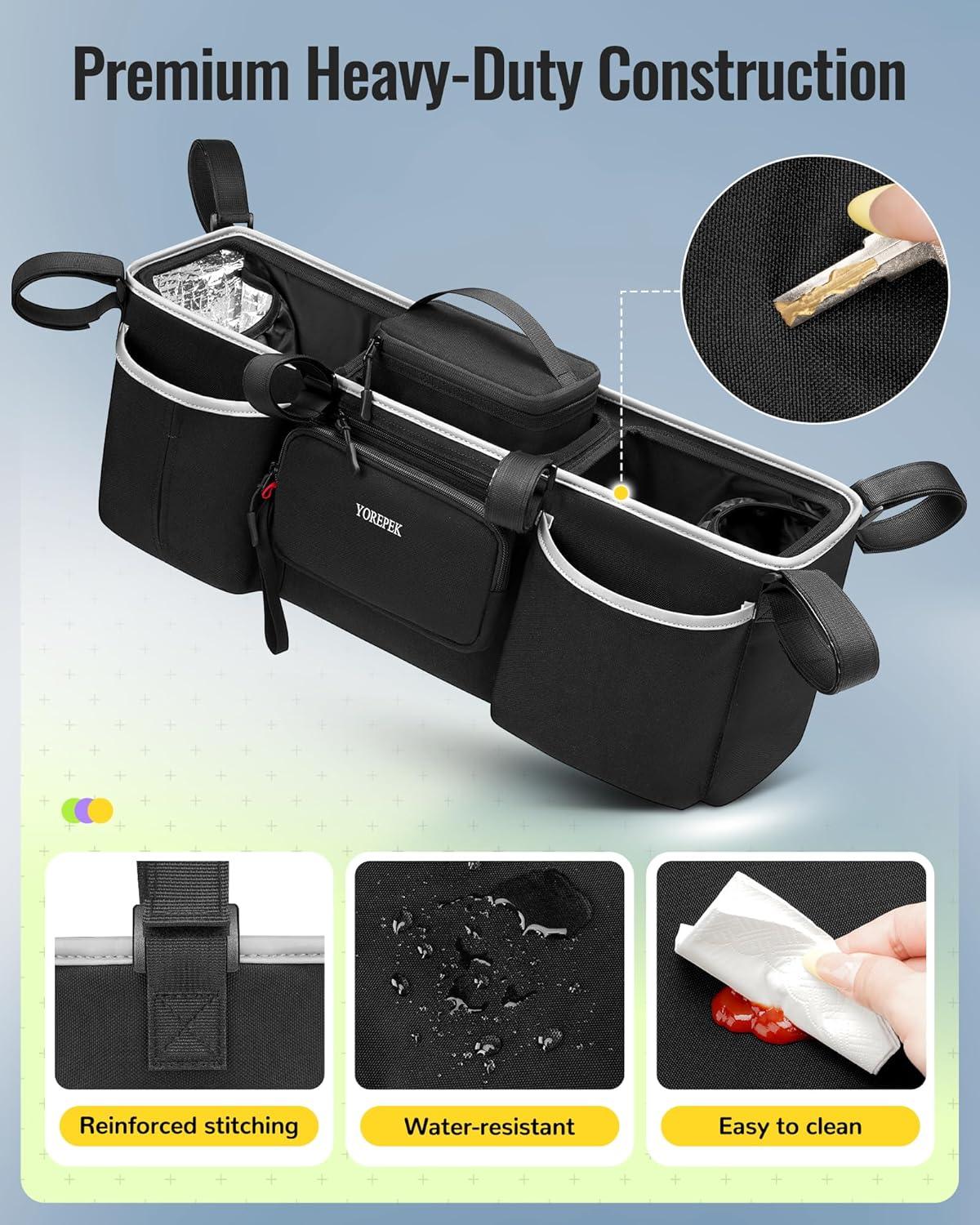 imageYOREPEK Heavy Duty Double Stroller Organizer for Bob Duallie Baby Jogger City Mini GT2 and JeepStroller Caddy with Detachable Cooler Bag and HandbagStroller Storage Attachment for Baby AccessoriesBlack