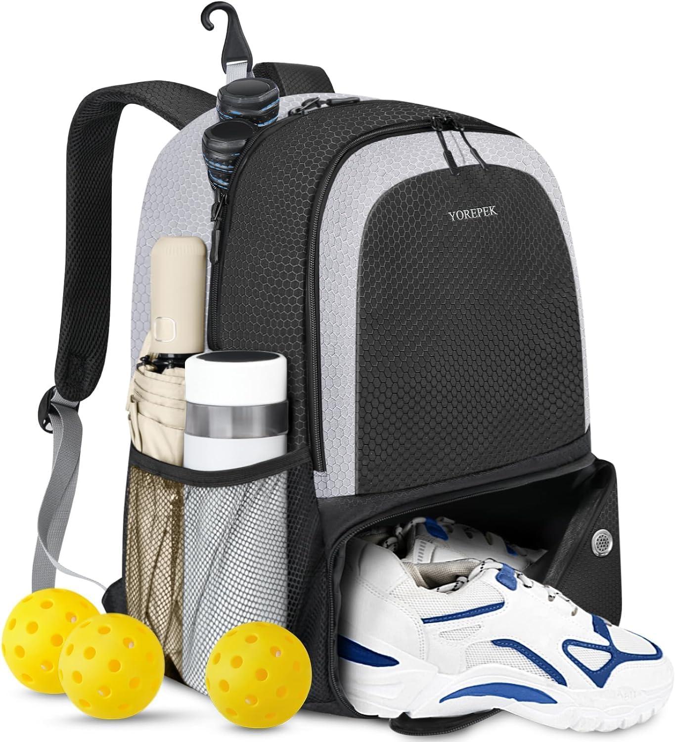 imageYOREPEK Pickleball Bag Backpack with Shoe Compartment Fence Hook for Men Women Large Capacity Pickleball Paddle Bags Hold Paddles Clothes Shoes and Accessories