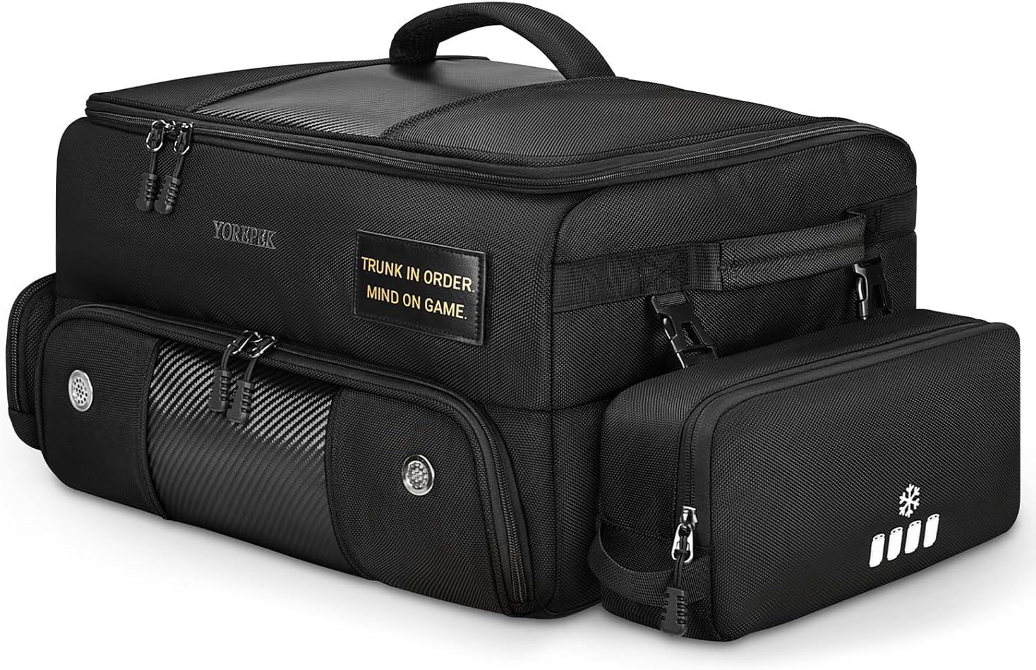 imageYOREPEK Upgraded Golf Trunk Organizer Christmas Gifts for Golfers with Removable Insulated PouchampDustProof Protective Layer MultiCompartment fits 2 Pairs of Shoes Golf AccessoriesBlack