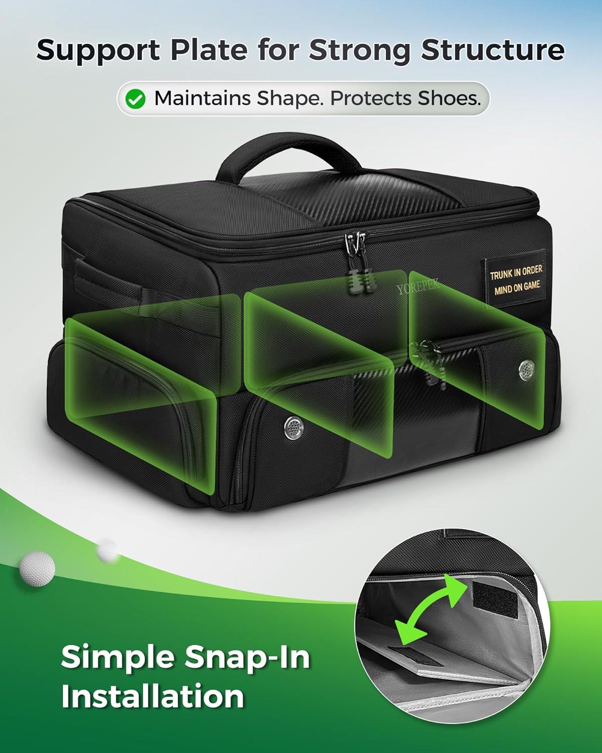 imageYOREPEK Upgraded Golf Trunk Organizer Christmas Gifts for Golfers with Removable Insulated PouchampDustProof Protective Layer MultiCompartment fits 2 Pairs of Shoes Golf AccessoriesBlack