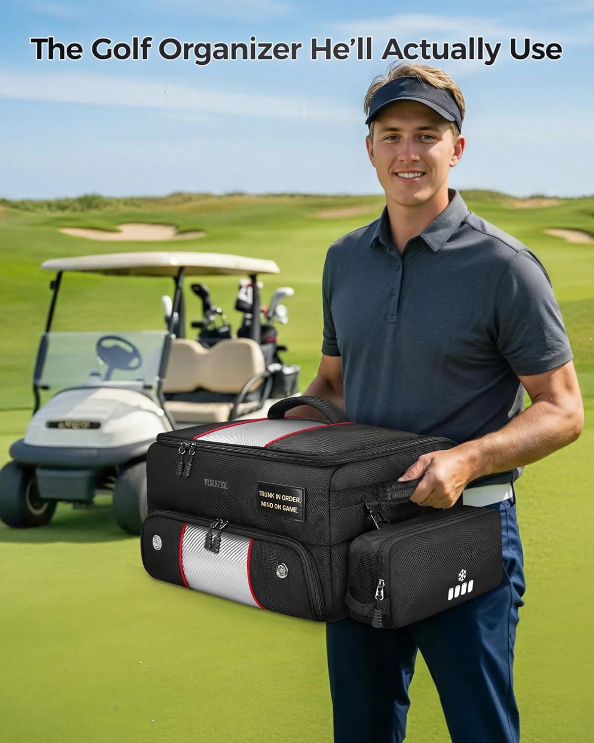 imageYOREPEK Upgraded Golf Trunk Organizer Christmas Gifts for Golfers with Removable Insulated PouchampDustProof Protective Layer MultiCompartment fits 2 Pairs of Shoes Golf AccessoriesBlack White