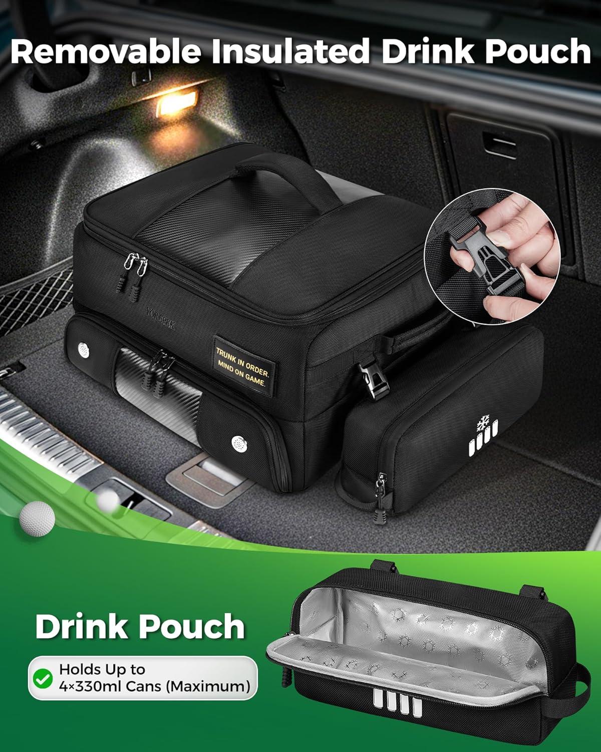 imageYOREPEK Upgraded Golf Trunk Organizer Christmas Gifts for Golfers with Removable Insulated PouchampDustProof Protective Layer MultiCompartment fits 2 Pairs of Shoes Golf AccessoriesBlack