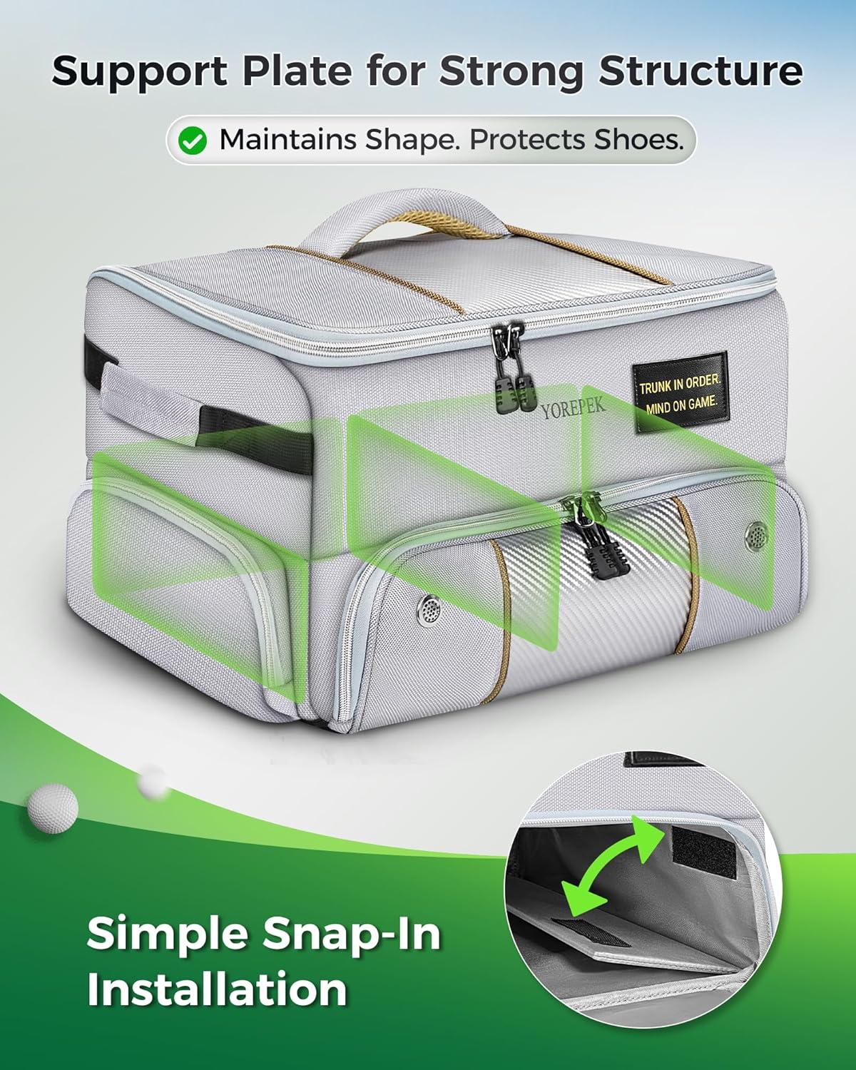 imageYOREPEK Upgraded Golf Trunk Organizer Christmas Gifts for Golfers with Removable Insulated PouchampDustProof Protective Layer MultiCompartment fits 2 Pairs of Shoes Golf AccessoriesGray