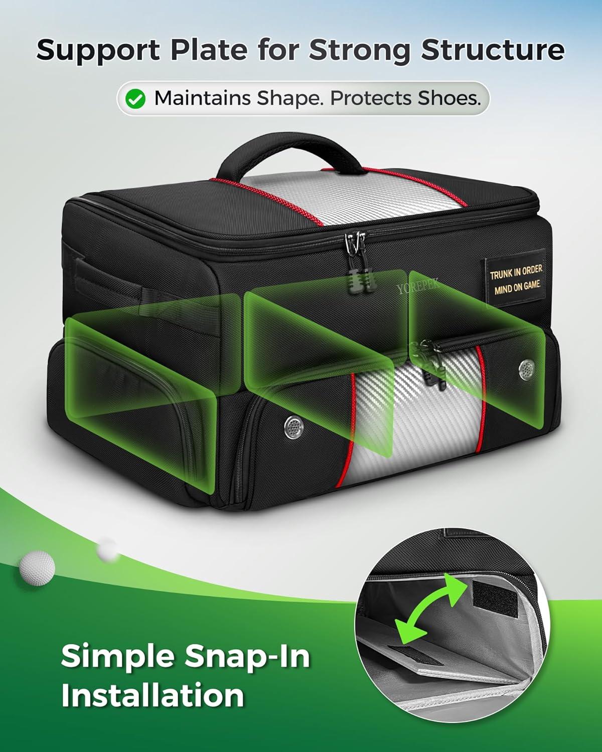 imageYOREPEK Upgraded Golf Trunk Organizer Christmas Gifts for Golfers with Removable Insulated PouchampDustProof Protective Layer MultiCompartment fits 2 Pairs of Shoes Golf AccessoriesBlack White
