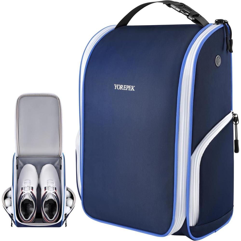imageYOREPEK Golf Shoe Bag with 3 Pockets for Socks Gloves Tees Balls Brush Designed with a Buckle Top Carry Handle Zippered Sport Shoe Carrier Bags with Ventilation Golf Gifts for Men UniqueBlueblue