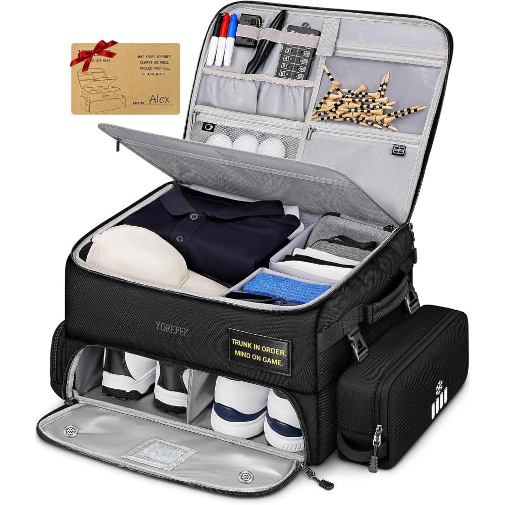 imageYOREPEK Upgraded Golf Trunk Organizer Christmas Gifts for Golfers with Removable Insulated PouchampDustProof Protective Layer MultiCompartment fits 2 Pairs of Shoes Golf AccessoriesBlack
