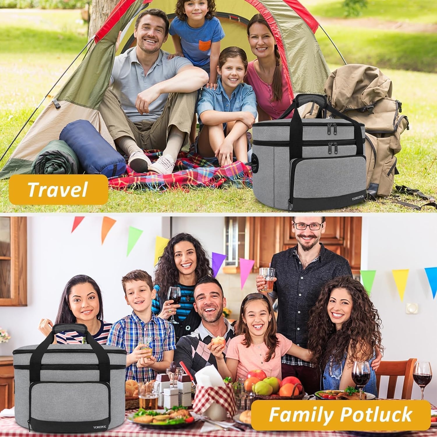 imageYOREPEK 2 Layer Slow Cooker Carrier Compatible with 6 7 8 Quart CrockPot Insulated Large Slow Cooker Travel Bag with Bottom Pad Lid Fasten Straps for Family Gathering Potluck Gifts for WomenGray