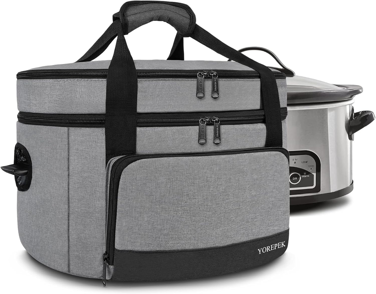 imageYOREPEK 2 Layer Slow Cooker Carrier Compatible with 6 7 8 Quart CrockPot Insulated Large Slow Cooker Travel Bag with Bottom Pad Lid Fasten Straps for Family Gathering Potluck Gifts for WomenGray