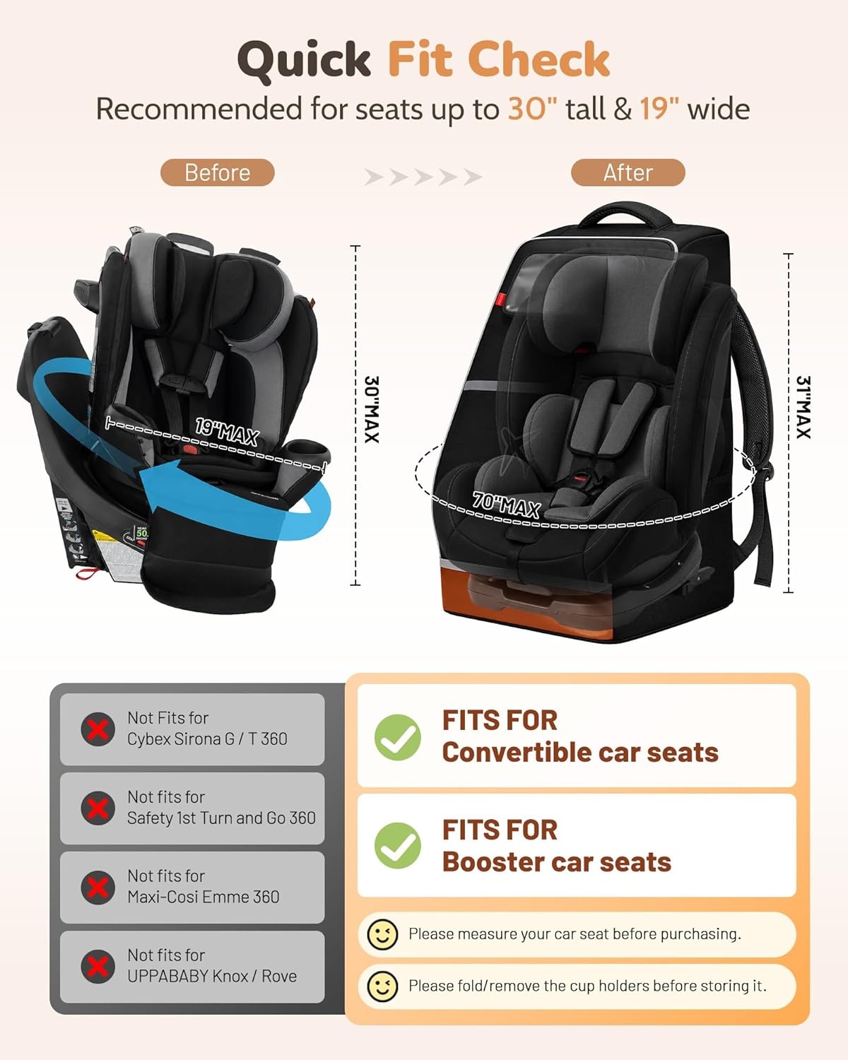 imageYOREPEK Car Seat Travel Bag for 360 Rotating Convertible Seats Padded Gate Check Carseat Backpack for Airplane with Tracker Pocket for AirTag Large Capacity with SeeThrough Pocket Black