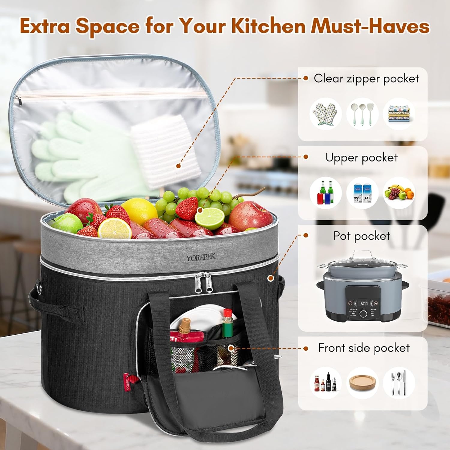 imageYOREPEK Carrying Bag for Ninja Crockpot 85 Quart Slow Cooker 2 Layer Insulated Travel Case with EasyClean Lining amp Shoulder Strap Accessories for Ninja Foodi Possible Cooker Pro